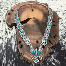 Load image into Gallery viewer, 1970s NAVAJO Sterling Silver Turquoise &amp; Coral Chip Inlay Peyote Bird Necklace
