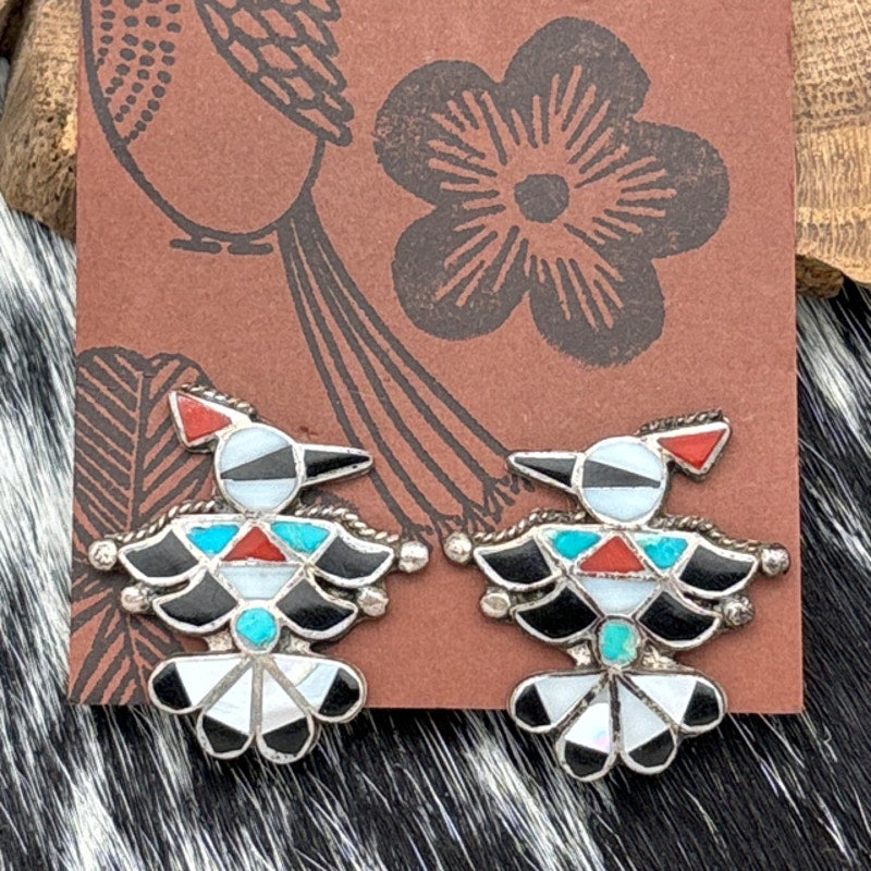 1970s Native American ZUNI Sterling Multi Stone Inlay Thunderbird Clip Earrings