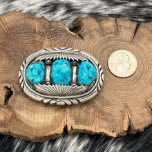 Load image into Gallery viewer, 1970s ROBERT &amp; BERNICE LEEKYA Zuni Sterling Silver Turquoise 3-Stone Belt Buckle
