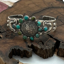 Load image into Gallery viewer, BUFFALO DANCER Taos Pueblo Sterling Silver &amp; Turquoise Cuff Bracelet 1941 Dime
