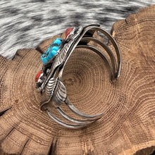 Load image into Gallery viewer, 1970s Native American NAVAJO Sterling Turquoise &amp; Branch Coral Cuff Bracelet
