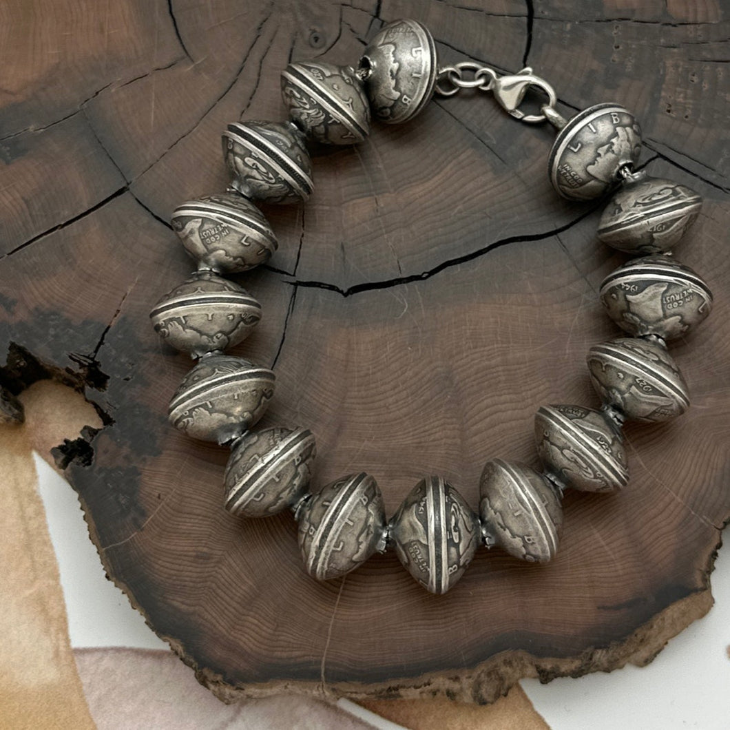 BUFFALO DANCER Taos Silver Bracelet With 15 Vintage Mercury Dime Beads 8.375