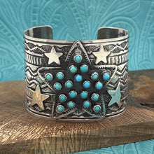 Load image into Gallery viewer, SUNSHINE REEVES Navajo Sterling Silver &amp; Turquoise Wide Cuff Bracelet Stars
