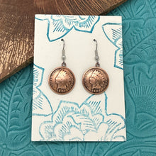 Load image into Gallery viewer, BUFFALO DANCER Taos Pueblo Antique Indian Head Copper Penny Dangle Earrings
