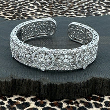 Load image into Gallery viewer, JUDITH RIPKA Sterling Silver &amp; Cubic Zirconia Fancy Hinged Cuff Bracelet Flowers
