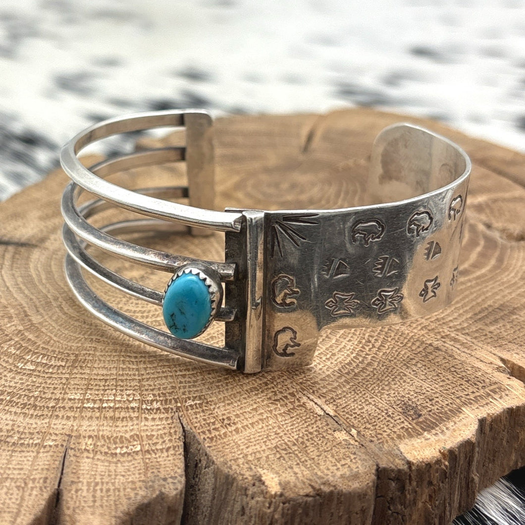 1990s Native American NAVAJO Sterling & Turquoise Asymmetrical Cuff Bracelet