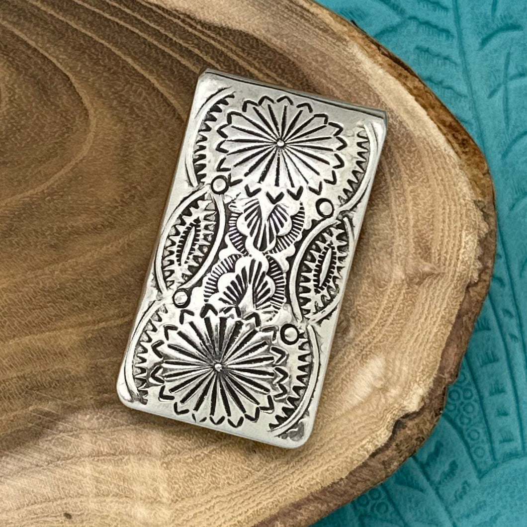 1990s Native American NAVAJO Sterling Silver Money Clip Decorative Stampings