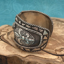 Load image into Gallery viewer, JEWELRY BY WENDYLEA Sterling &amp; Turquoise Cuff Bracelet Spiderweb Fleur De Lis
