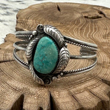 Load image into Gallery viewer, 1960s Native American Navajo Sterling Green Turquoise Cuff Bracelet Leaves Curly
