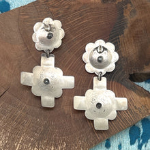 Load image into Gallery viewer, Native American NAVAJO Sterling Silver Concho &amp; 4-Way Cross Post Dangle Earrings
