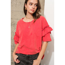 Load image into Gallery viewer, BLUE B CLOTHING Garment Washed Ruffle Sleeve Studded Dolman T-Shirt In Red
