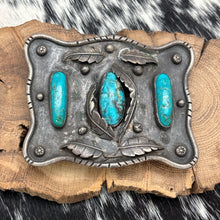 Load image into Gallery viewer, 1950s Native American NAVAJO Sterling &amp; Turquoise Belt Buckle Leaves Raindrops
