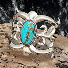 Load image into Gallery viewer, 1990s Native American NAVAJO Sandcast Silver &amp; Mine No 8 Turquoise Cuff Bracelet
