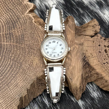 Load image into Gallery viewer, 1990s SOUTHWEST STYLE Watch With Sterling Tips White Stone Black Rectangles
