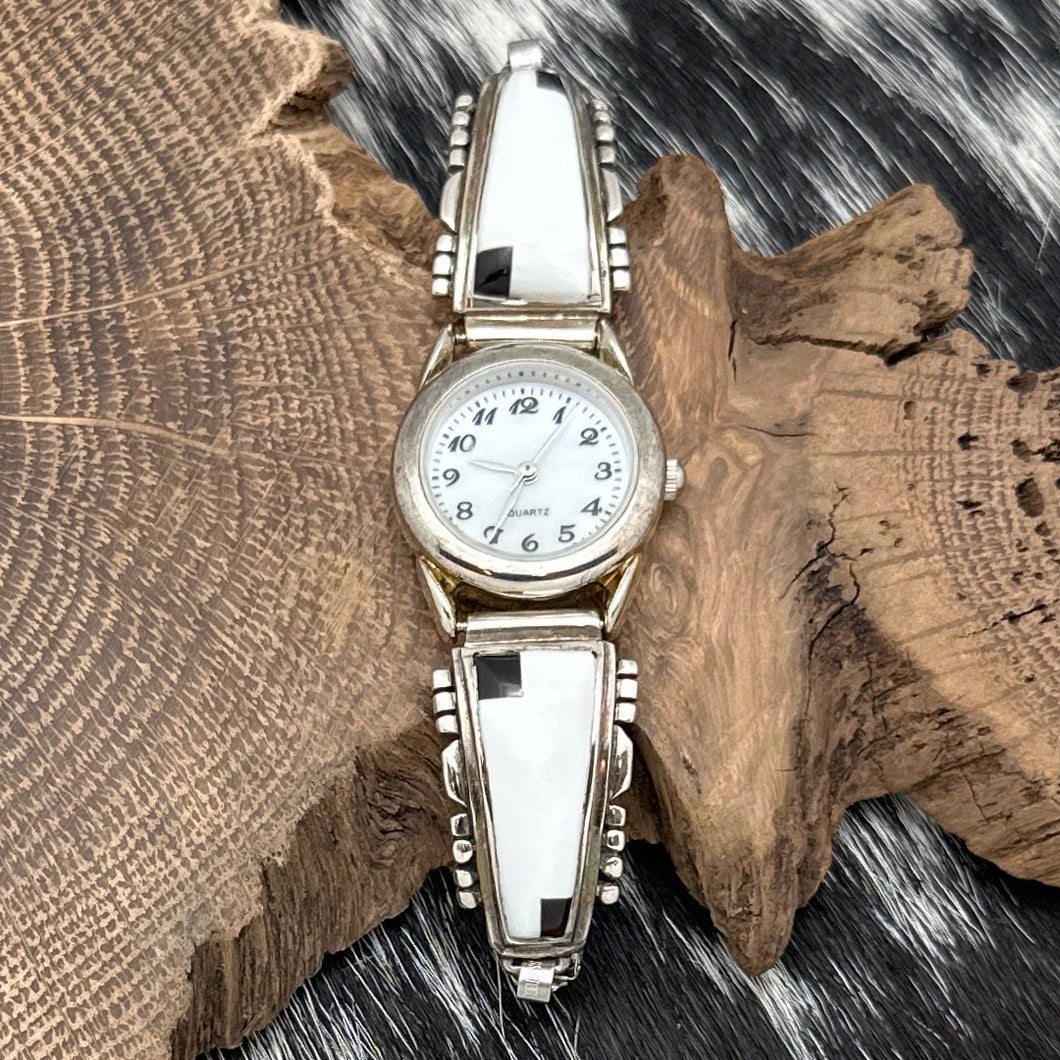 1990s SOUTHWEST STYLE Watch With Sterling Tips White Stone Black Rectangles