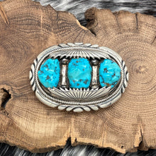 Load image into Gallery viewer, 1970s ROBERT &amp; BERNICE LEEKYA Zuni Sterling Silver Turquoise 3-Stone Belt Buckle
