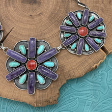 Load image into Gallery viewer, BETTY TOM Navajo Sterling Charoite Turquoise Spiny 3-Station Flower Necklace
