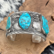 Load image into Gallery viewer, TIMOTHY LEE Navajo Sterling Silver &amp; Kingman Turquoise Statement Cuff Bracelet
