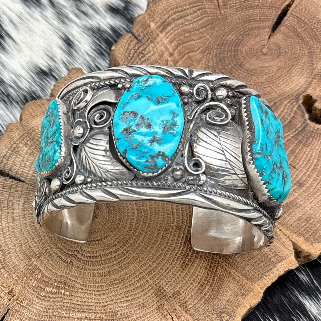 TIMOTHY LEE Navajo Sterling Silver & Kingman Turquoise Statement Cuff Bracelet