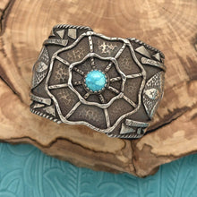 Load image into Gallery viewer, JEWELRY BY WENDYLEA Sterling &amp; Turquoise Cuff Bracelet Spiderweb Fleur De Lis
