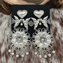 Load image into Gallery viewer, FEDERICO JIMENEZ Lg Sterling Chandelier Post Earrings Hearts Flowers Love Birds
