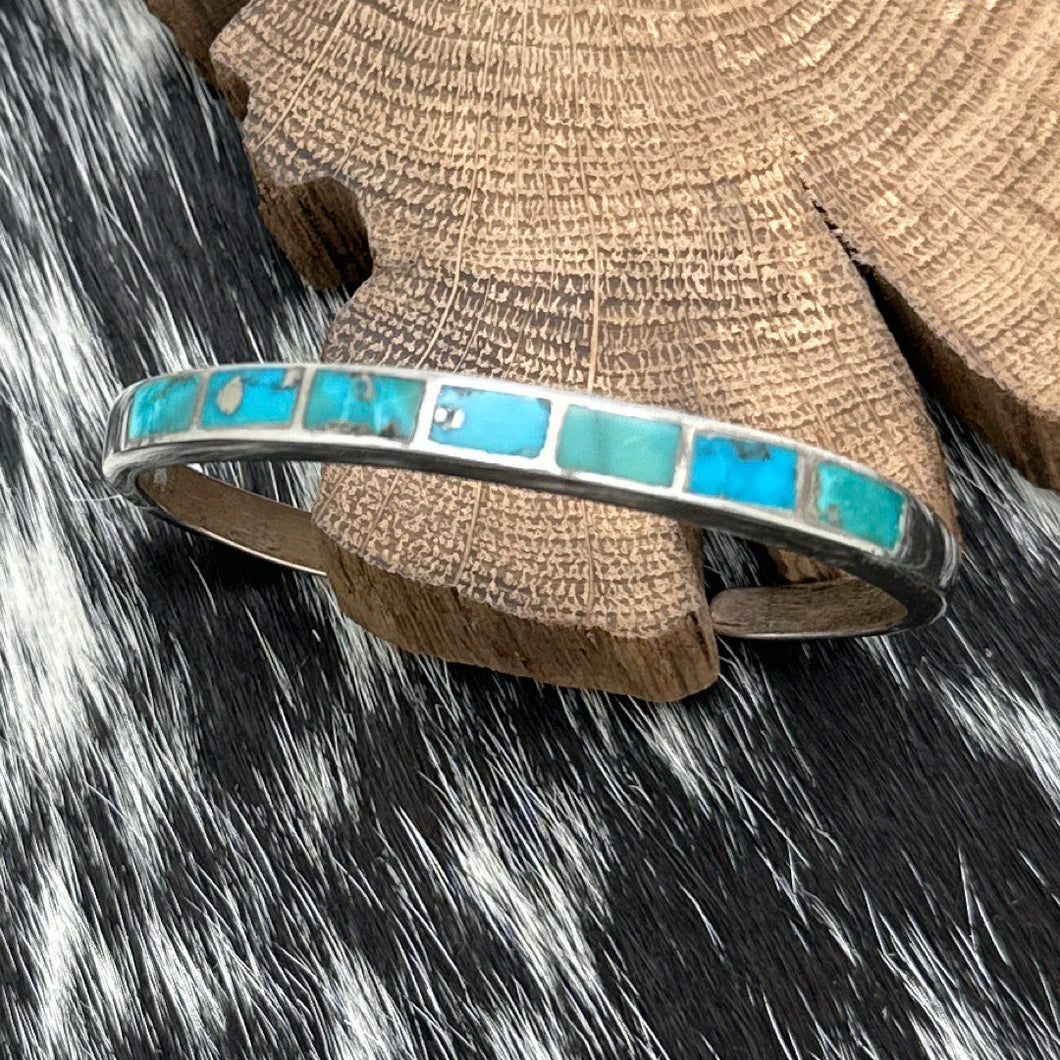 1990s Native American NAVAJO Sterling Turquoise Inlay Cuff Bracelet 7 Sections