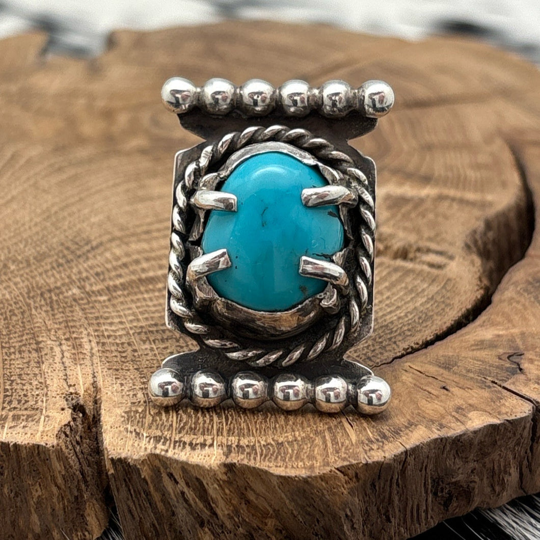 1980s Native American NAVAJO Sterling Silver Turquoise Ring Dots Twist Wire 7.5