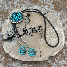 Load image into Gallery viewer, SOUTHWEST STYLE Sterling Bolo Tie &amp; Earrings Set With Navajo Turquoise Clusters
