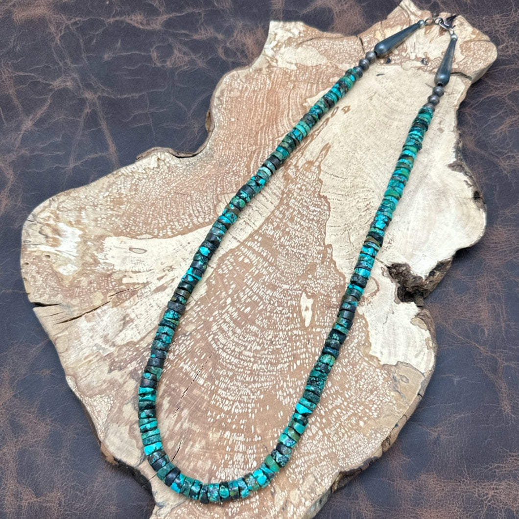 NATIVE AMERICAN Sterling Silver & Hubei Turquoise Beaded Heishi Necklace 23.5