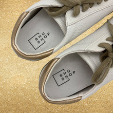 Load image into Gallery viewer, SHU SHOP Paula White Pre-Distressed Sneakers With Gold Glitter Stars NEW 8.5
