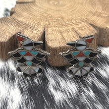 Load image into Gallery viewer, 1970s Native American ZUNI Sterling Multi Stone Inlay Thunderbird Clip Earrings
