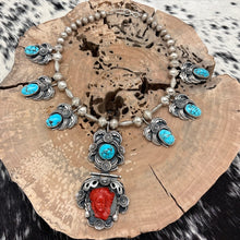 Load image into Gallery viewer, THE NAVAJO HOGAN Carl Luthey Sterling Persian Turquoise &amp; Coral Cameo Necklace
