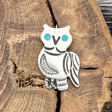 Load image into Gallery viewer, 1960s Native American ZUNI Sterling Silver Owl Pin Turquoise Eyes Signed Rte
