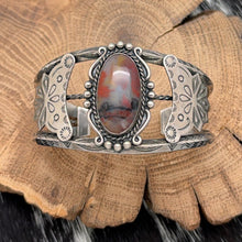Load image into Gallery viewer, 1940s NAVAJO Fred Harvey Era Sterling Silver &amp; Petrified Wood Cuff Bracelet

