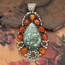 Load image into Gallery viewer, WILD AT HEART SILVER Southwest Style Seven Dwarfs Turquoise &amp; Amber XL Pendant
