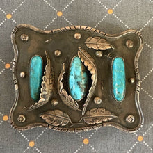 Load image into Gallery viewer, 1950s Native American NAVAJO Sterling &amp; Turquoise Belt Buckle Leaves Raindrops

