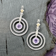 Load image into Gallery viewer, 2010s Sterling Silver &amp; 14K Gold AMETHYST Dangle Earrings Concentric Circles
