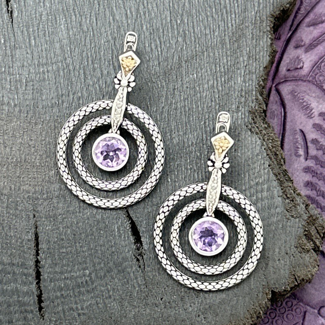 2010s Sterling Silver & 14K Gold AMETHYST Dangle Earrings Concentric Circles