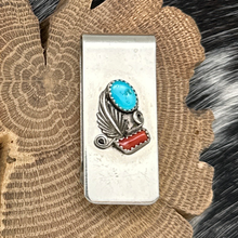 Load image into Gallery viewer, 1970s Native American NAVAJO Nickel Silver Turquoise &amp; Coral Money Clip Leaf
