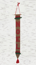 Load image into Gallery viewer, 1970s HANDMADE Tan Burlap &amp; Red Felt Noel Banner Green Trim Pom Poms &amp; Tassels
