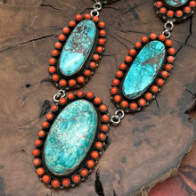 Load image into Gallery viewer, Vintage SOUTHWEST STYLE Sterling Silver Chrysocolla &amp; Coral 5 Cluster Necklace
