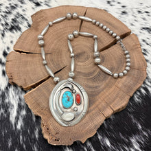 Load image into Gallery viewer, 1970s Native American NAVAJO Sterling Turquoise MOP Coral Pendant Bead Necklace
