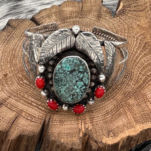 Load image into Gallery viewer, 1970s Native American NAVAJO Sterling Turquoise &amp; Coral Cuff Bracelet Leaves
