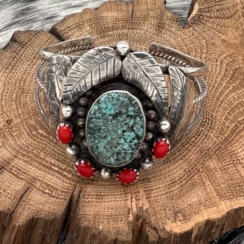 1970s Native American NAVAJO Sterling Turquoise & Coral Cuff Bracelet Leaves