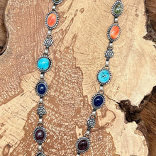 Load image into Gallery viewer, MARY ELLEN PEASE Navajo Sterling Turquoise Lapis Spiny Lariat Necklace Roses
