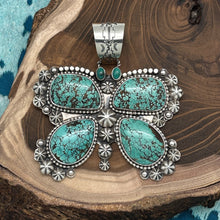 Load image into Gallery viewer, ROSELLA PAXTON Navajo Sterling &amp; Green Brown Hubei Turquoise Butterfly Pendant
