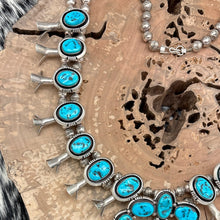 Load image into Gallery viewer, WILSON PADILLA Navajo Sterling Natural Kingman Turquoise Squash Blossom Necklace
