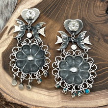 Load image into Gallery viewer, FEDERICO JIMENEZ Sterling Silver &amp; Turquoise Earrings Hearts Flowers Love Birds
