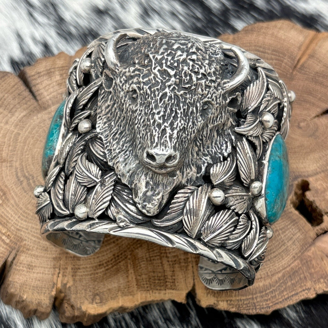 JACOB TRONCOSA San Felipe Pueblo Sterling Silver Turquoise Buffalo Cuff Bracelet