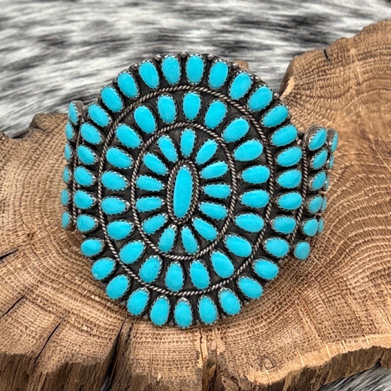 1970s Native American ZUNI Sterling Silver & Block Turquoise Cluster Bracelet